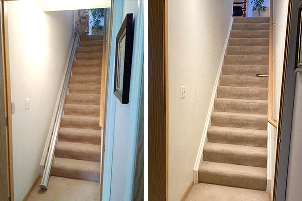 before and after removal of stairlift from carpeted stairs