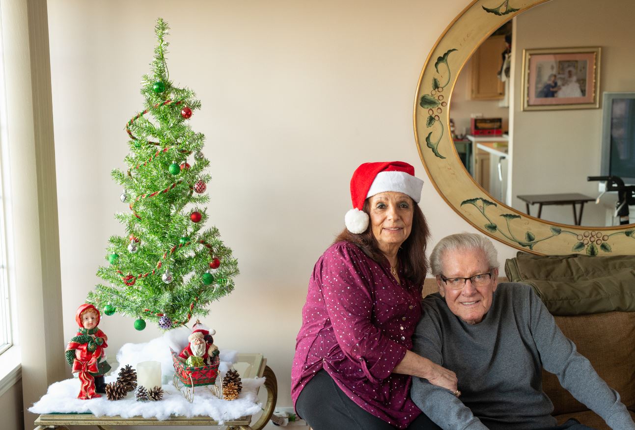 husband and wife sitting next to Christmas tree in living room