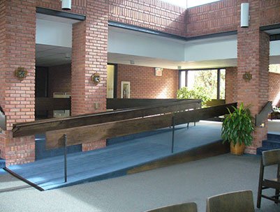 Wheelchair ramp installed in church to provide those with limited mobility safe access to the main area of worship