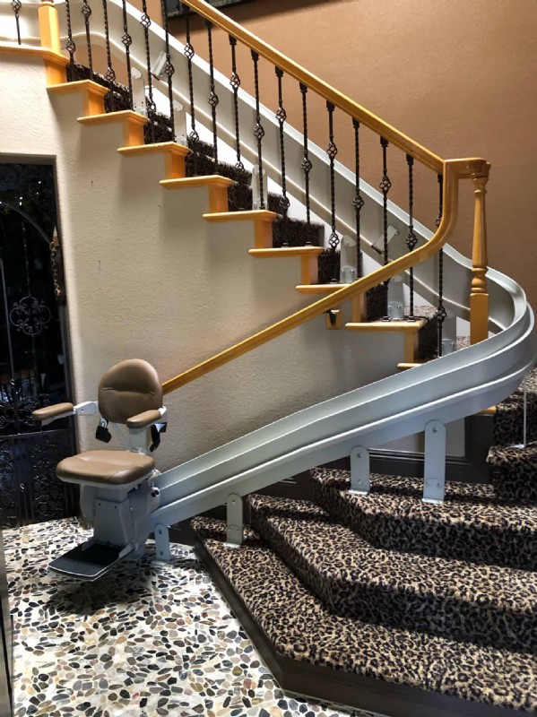 custom curved stairlift on cheetah print stairlift in Hollywood CA home