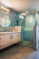 accessible shower with glass door and in wall shower niches