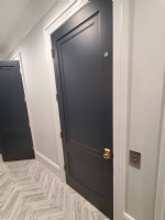 navy blue paneled elvator swing door in home on Chicago northside