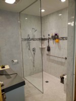 wheelchair accessible shower with grab bar and glass shower door in Wheeling Illinois