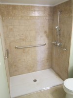 wheelchair accessible shower with rubber threshold and grab bars in Naperville Illinois